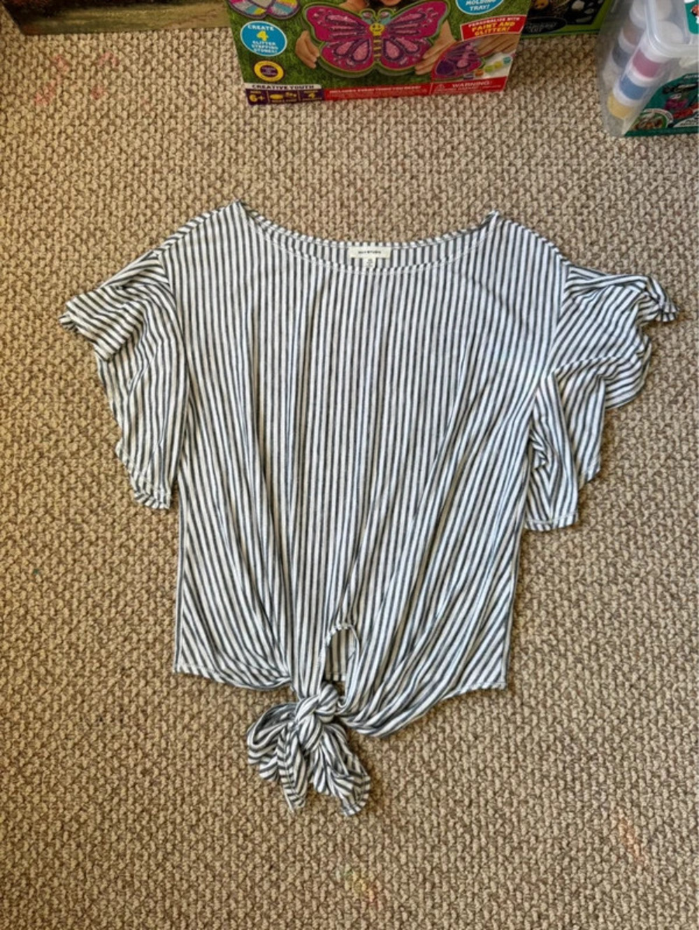 Max Studio black and white striped tie front top
